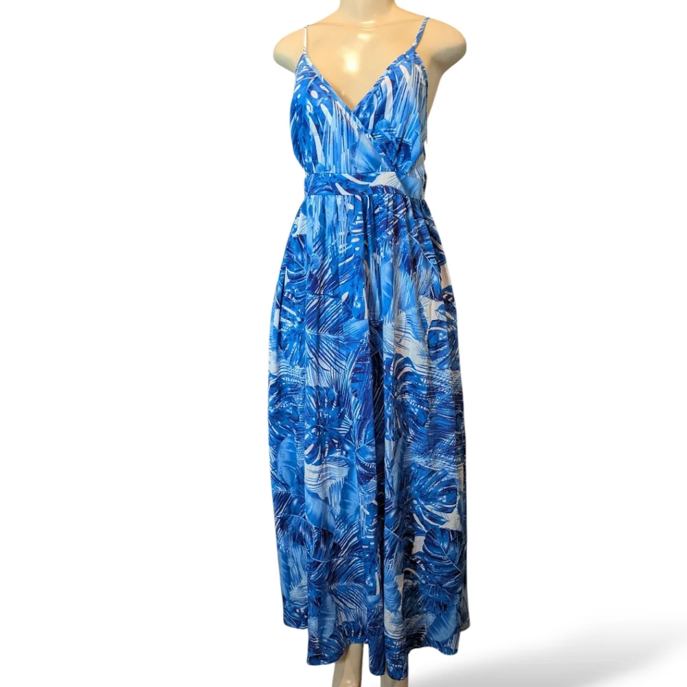 Hawaiianize Blue Tropical Print Cotton Maxi Dress Women's Large NWT